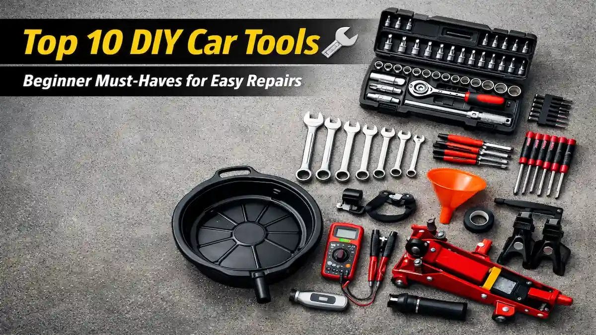 Essential car maintenance tools including wrenches, screwdrivers, pliers, and a socket set neatly arranged on a garage workbench for beginner DIY car repairs