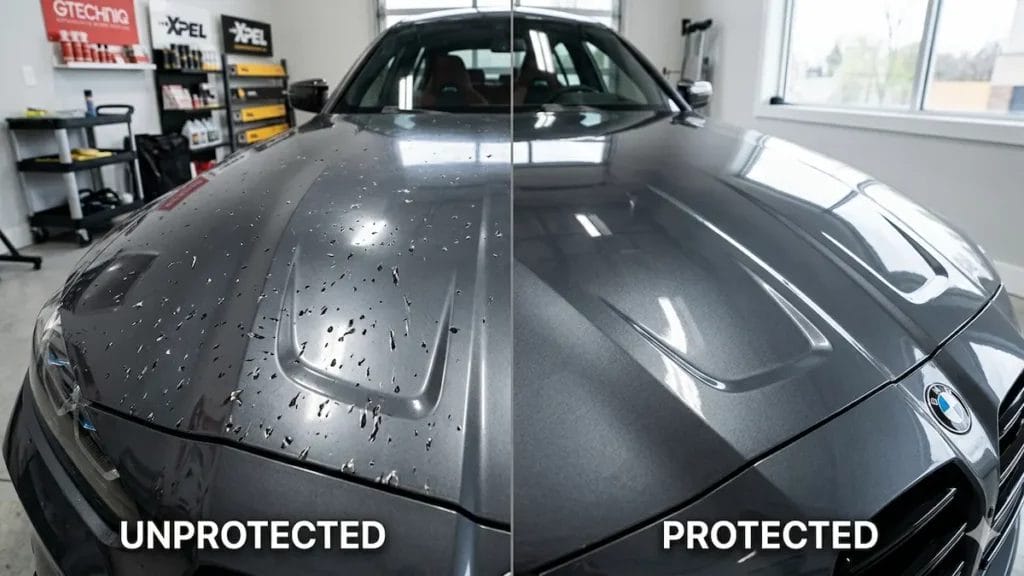 Car bonnet damage without protector vs protected hood