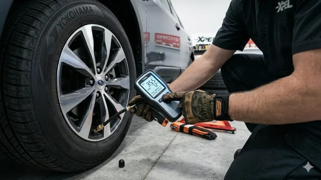 car safety gadgets: checking tire pressure with TPMS device