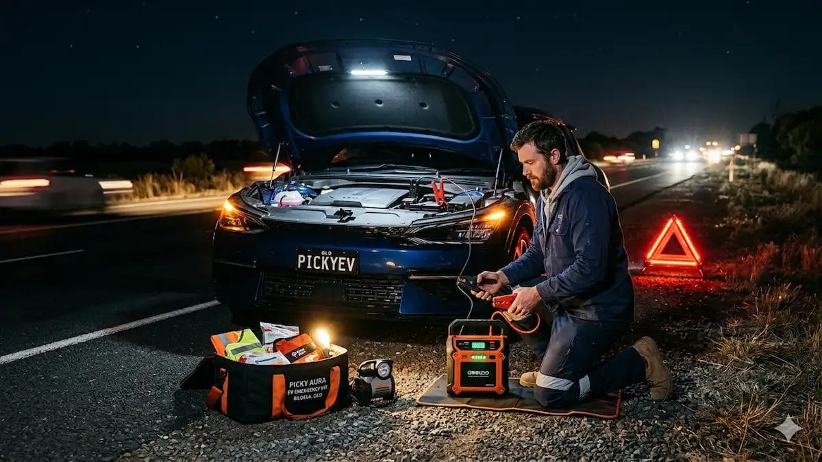 EV emergency kit roadside breakdown safety setup at night