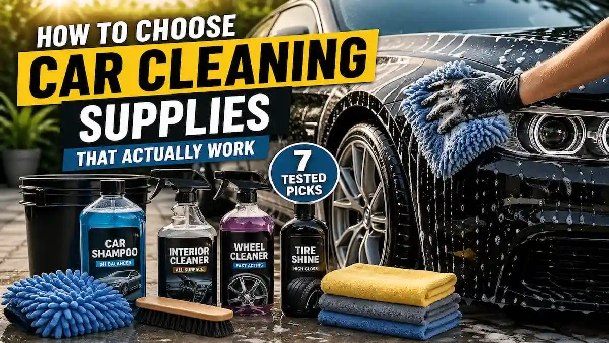car cleaning supplies and car being washed with microfiber mitt showing glossy finish