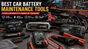 Automotive technician testing car battery maintenance tools in workshop