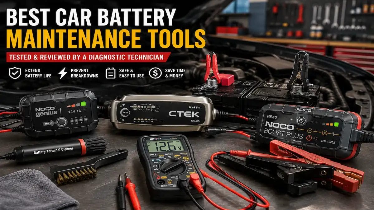 Automotive technician testing car battery maintenance tools in workshop