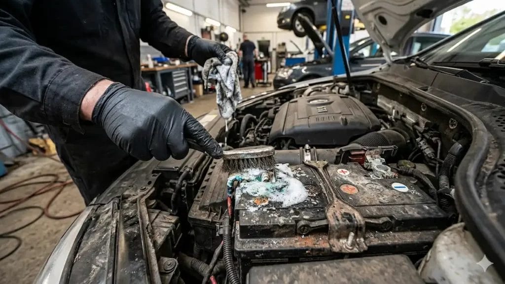Cleaning corroded car battery terminals during routine car battery maintenance