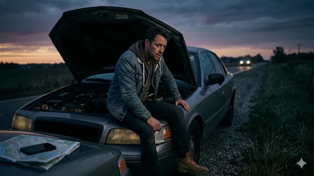 Driver dealing with dead car battery symptoms on roadside