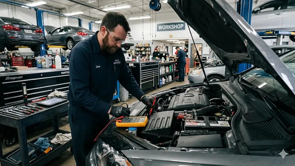 Professional automotive technician performing car battery maintenance in a modern workshop