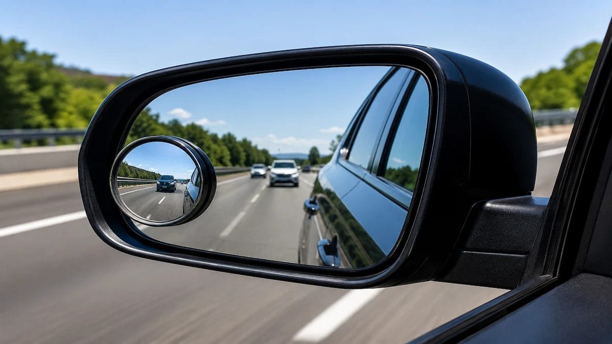 Blind spot mirrors installed on SUV side mirrors during highway driving