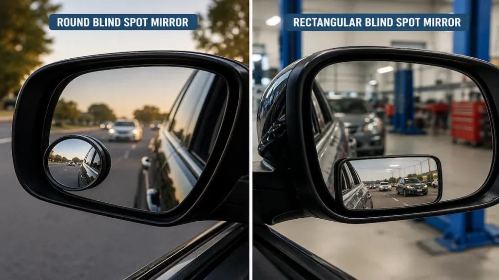 Round and rectangular blind spot mirrors comparison