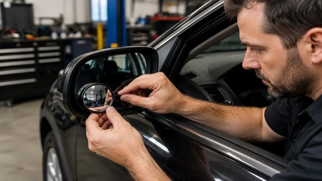 Technician installing blind spot mirrors on vehicle side mirror