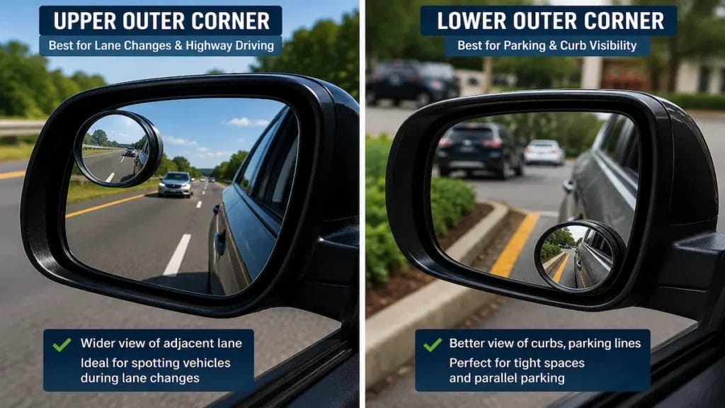 Upper and lower install blind spot mirror placement comparison
