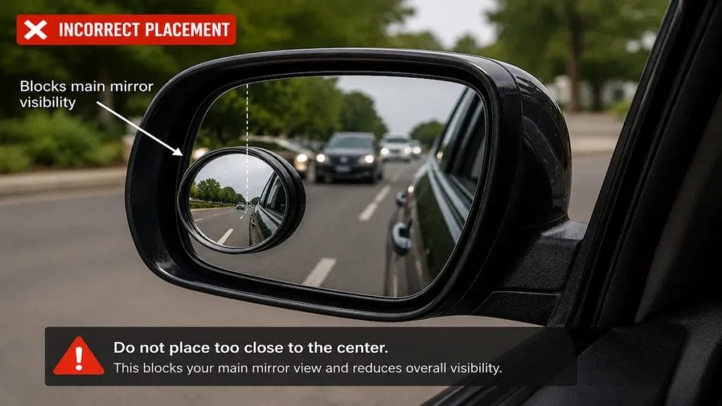 Incorrect blind spot mirror placement blocking visibility