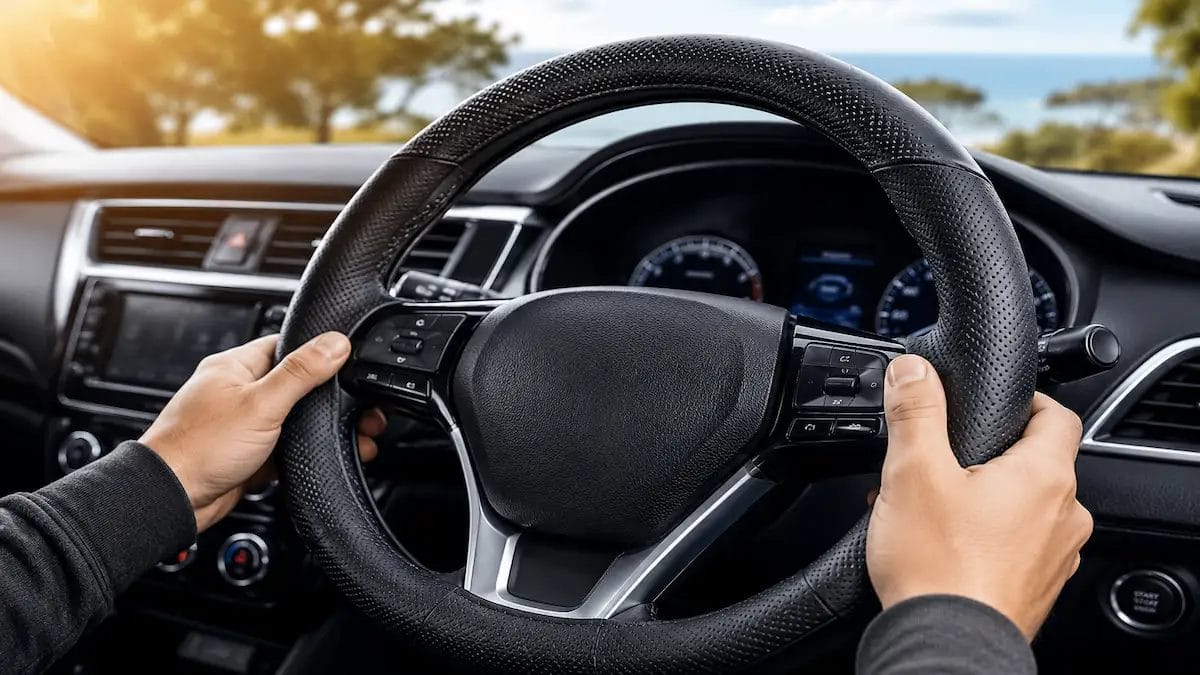 Premium microfibre steering wheel cover installed in a modern Australian vehicle: pickyaura.com
